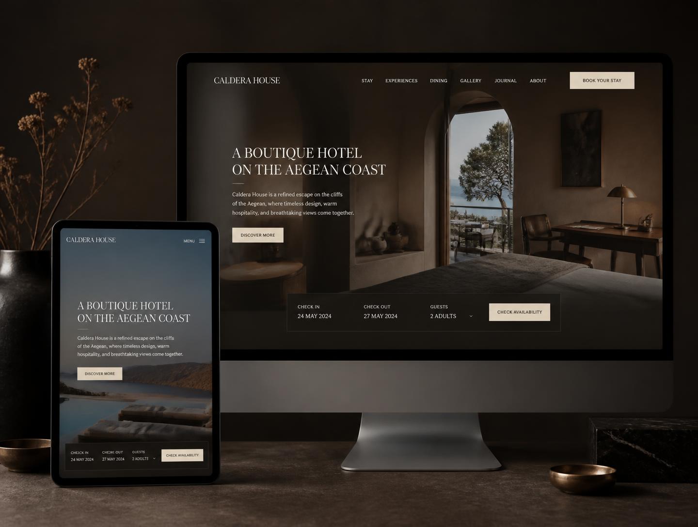 Desktop and tablet showing a boutique hotel website