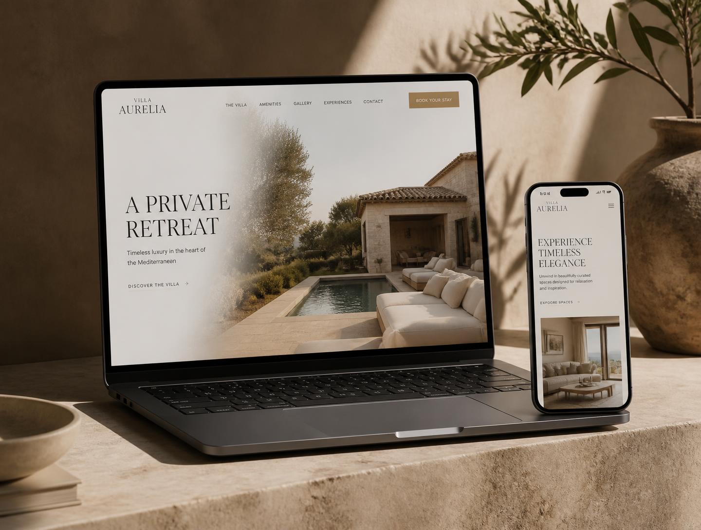 Laptop and phone showing a luxury villa website with large photography